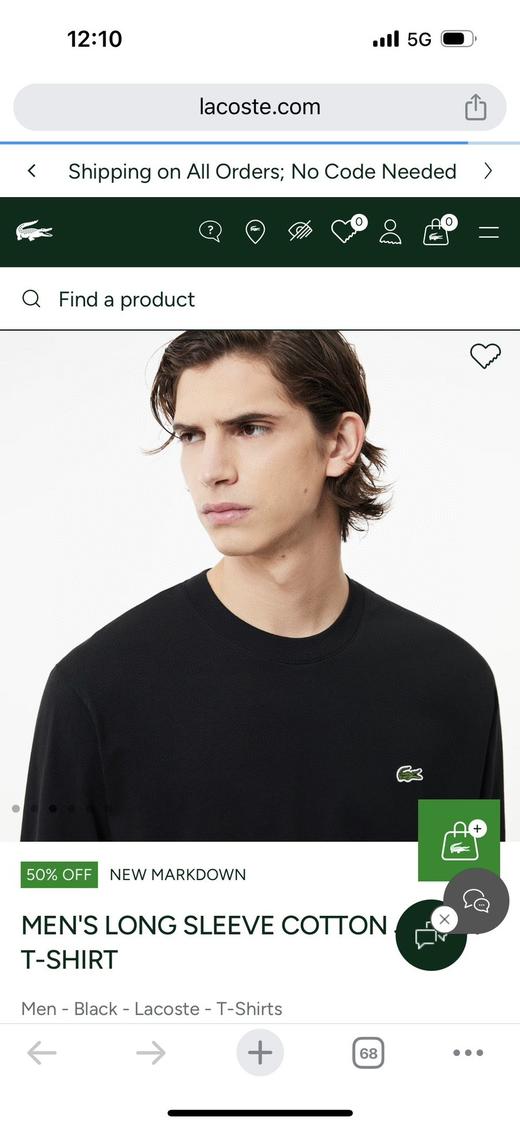 现货  鳄鱼新款全棉排汗吸湿黑色圆领长袖T恤 商品图1