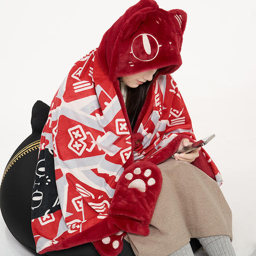 大英博物馆 盖亚·安德森猫和她的朋友们系列 百福 毛绒披风 午睡毯空调毯 红色 商品图3