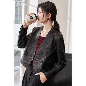 剩S/L 米思阳2026春季新款真皮绵羊皮轻奢褶皱设计感短外套复古气质皮衣外搭上衣女4376