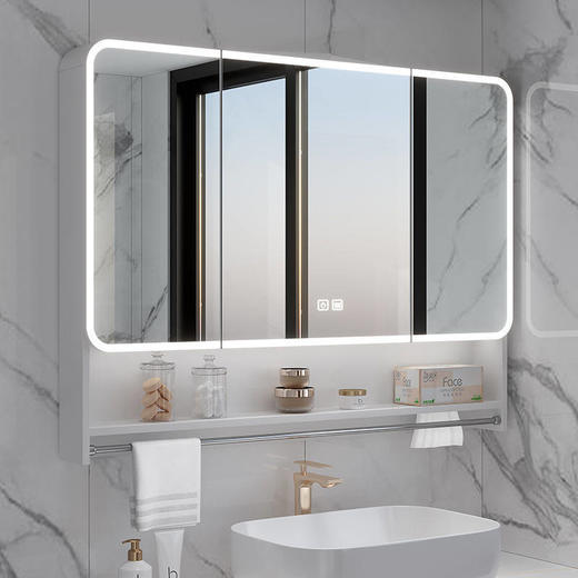 杆圆弧铝抽灯光太空储物美妆毛巾纸孔带柜挂梳妆镜智能浴室镜墙式 商品图0