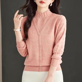 CC-16-9182时尚半高木耳领针织衫衫女秋冬加厚假两件宽松百搭套头打底衫毛衣