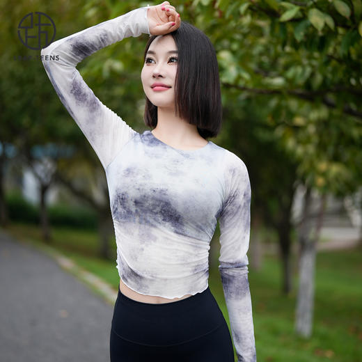跃牌【禅语梵心】渐变纱假两件运动T恤女长袖带胸垫瑜珈服网纱上衣CX4073 商品图1