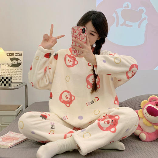冬季新款【睡衣女法兰绒套装】圆领套头长袖长裤 卡通舒适保暖家居服套装 商品图13