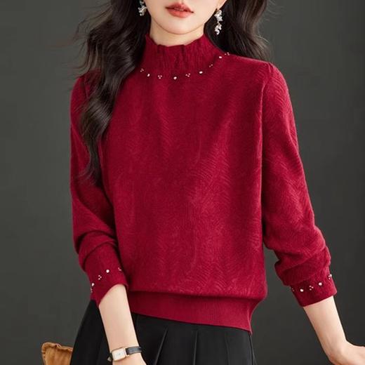 CC-16-9181木耳边半高领毛衣打底衫女秋冬新款宽松钉珠遮肚子显瘦针织衫上衣 商品图2