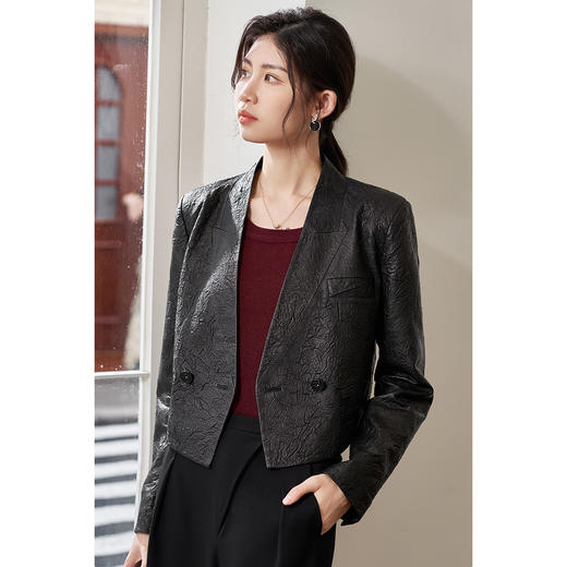 剩S/L 米思阳2026春季新款真皮绵羊皮轻奢褶皱设计感短外套复古气质皮衣外搭上衣女4376 商品图1