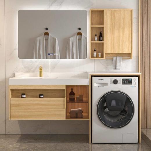 洗漱洗手台洗衣机卫生间原木台一体岩板风陶瓷组合盆现代柜浴室柜 商品图0