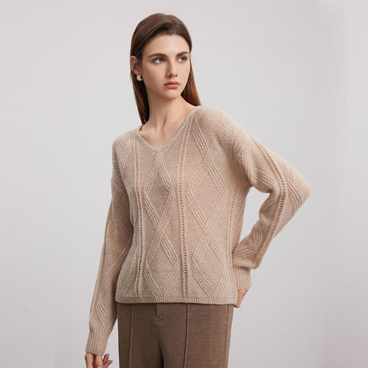 【羊绒+桑蚕丝绞花毛衣】羊绒世家秋冬新品女士V领绞花羊绒衫舒适保暖毛衣 商品图1