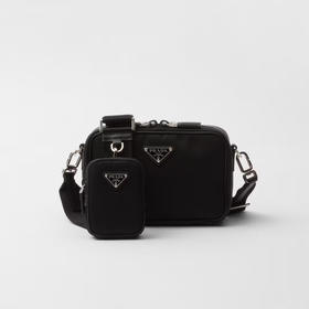 PRADA 普拉达 男士 Re-Nylon 和 Saffiano 皮革珐琅金属三角形徽标子母单肩包 黑色 2VH070 2DMH F0002 XMP