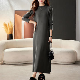 CC-16-9177秋冬圆领宽松显瘦长款针织连衣裙2024秋冬配大衣打底A字裙毛衣裙