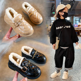 【加绒加厚保暖，豆豆鞋设计时尚，便于穿脱】女童羊羔绒棉鞋 冬季新款儿童加绒加厚豆豆鞋 男童保暖小皮鞋-QQ