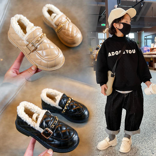【加绒加厚保暖，豆豆鞋设计时尚，便于穿脱】女童羊羔绒棉鞋 冬季新款儿童加绒加厚豆豆鞋 男童保暖小皮鞋-QQ 商品图0