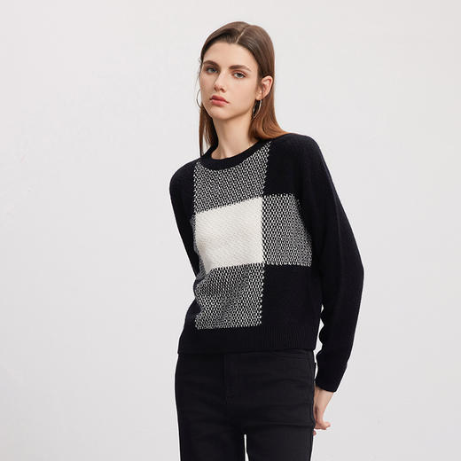 【黑白撞色羊绒衫】羊绒世家秋冬新品女士100%山羊绒圆领内搭保暖毛衣 商品图1