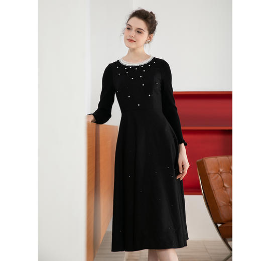 司歌羊毛长袖收腰连衣裙小黑裙礼服冬内搭裙子A901010X 商品图1