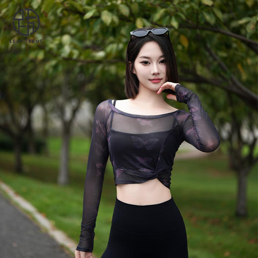 跃牌【禅语梵心】花蝴蝶假两件运动T恤女长袖带胸垫瑜珈服网纱上衣速干显瘦健身衣CX2925 商品图3