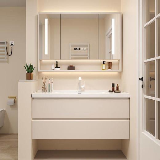 镜柜多层洗脸盆陶瓷家用实木小户型卫浴奶油盆智能组合一体浴室柜 商品图0