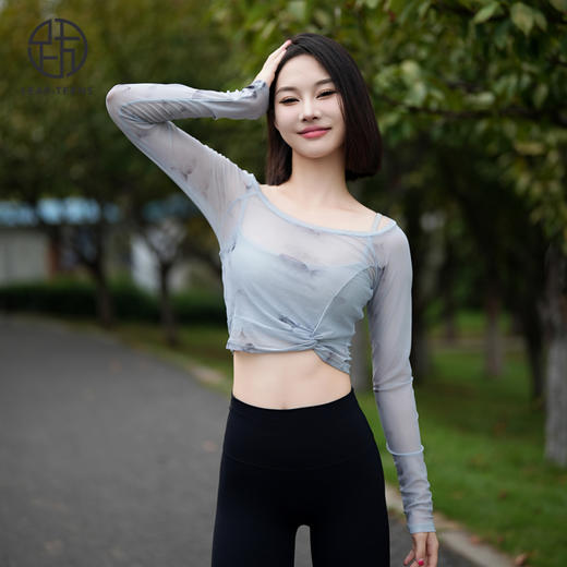 跃牌【禅语梵心】花蝴蝶假两件运动T恤女长袖带胸垫瑜珈服网纱上衣速干显瘦健身衣CX2925 商品图4