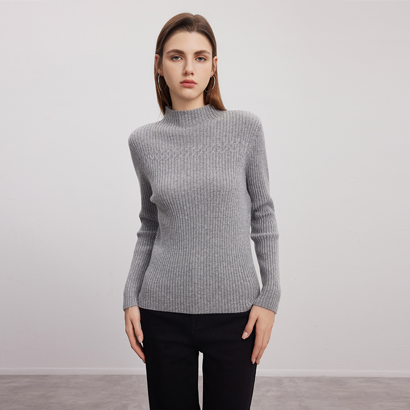 【半高领坑条纹羊绒衫】羊绒世家秋冬新品女士100%山羊绒内搭修身保暖毛衣