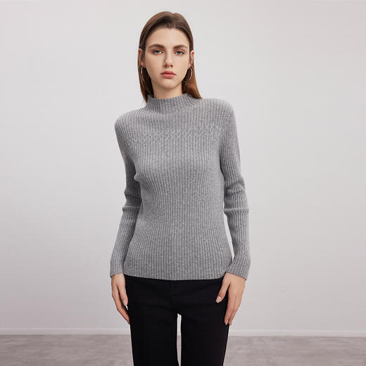 【半高领坑条纹羊绒衫】羊绒世家秋冬新品女士100%山羊绒内搭修身保暖毛衣 商品图0