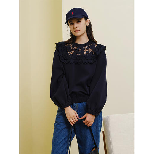 HeyDress法式蕾丝拼接卫衣女秋季复古圆领浪漫气质设计感短款上衣 商品图3