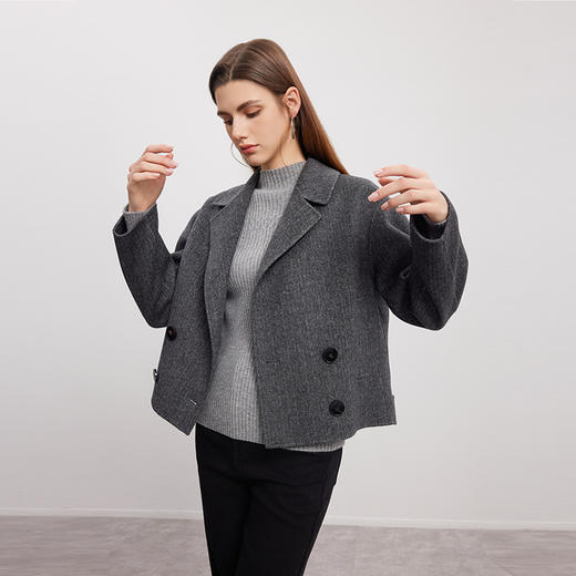 【双排扣人字纹大衣】24年秋冬新品女士短款羊毛大衣时尚毛呢外套 商品图1