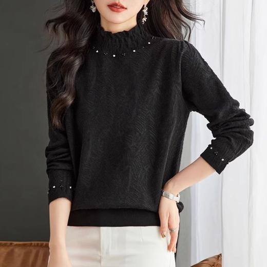 CC-16-9181木耳边半高领毛衣打底衫女秋冬新款宽松钉珠遮肚子显瘦针织衫上衣 商品图1