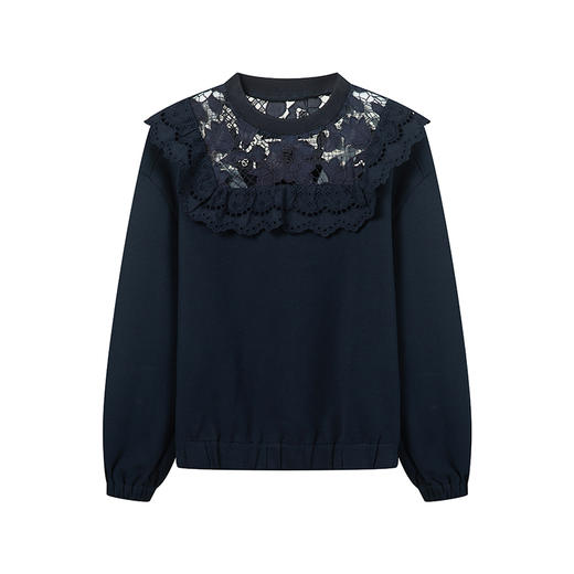 HeyDress法式蕾丝拼接卫衣女秋季复古圆领浪漫气质设计感短款上衣 商品图4