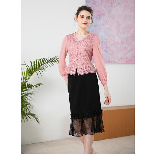 司歌v领蕾丝衫上衣长袖收腰显瘦气质秋T901147X 商品图1