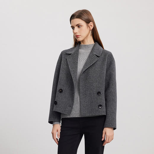 【双排扣人字纹大衣】24年秋冬新品女士短款羊毛大衣时尚毛呢外套 商品图2