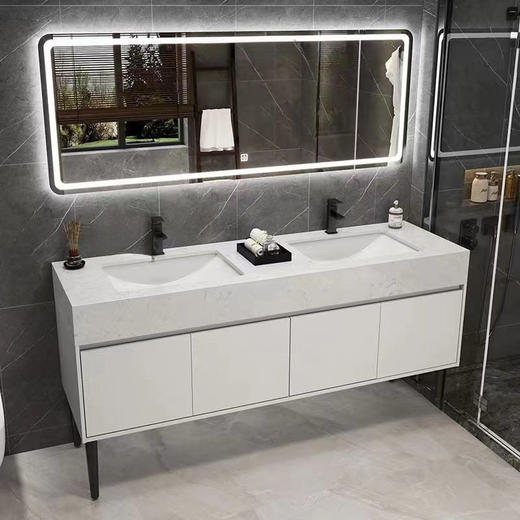 洗漱安装双盆浴室柜组合双盆免套装柜台卫浴落地洗脸盆打孔大理石 商品图2