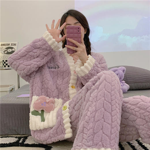 冬季新款【睡衣女珊瑚绒】卡通可爱娃娃领 秋冬天加厚加绒保暖法兰绒家居服套装 商品图2