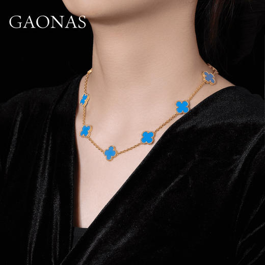 GAONAS 坠链均925银合成锆石 时尚轻奢蓝四叶设计十花项链10827XB 商品图4