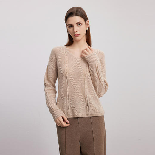【羊绒+桑蚕丝绞花毛衣】羊绒世家秋冬新品女士V领绞花羊绒衫舒适保暖毛衣 商品图2
