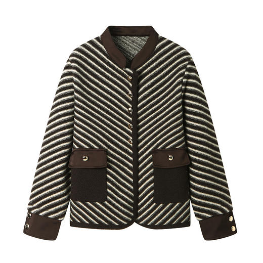 CC-2024秋季小香风立领条纹毛呢短外套针织上衣显瘦百搭防呢子上衣女 商品图4