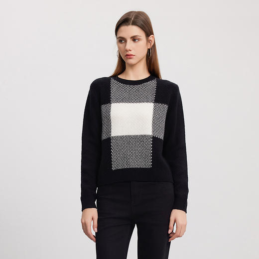 【黑白撞色羊绒衫】羊绒世家秋冬新品女士100%山羊绒圆领内搭保暖毛衣 商品图0