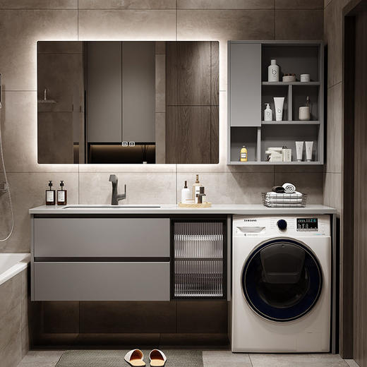 组合卫生间智能洗漱洗脸盆洗衣机轻奢浴室柜实木一体阳台柜台岩板 商品图1