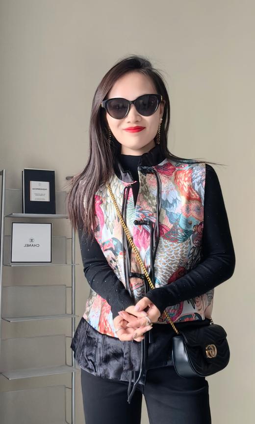 国风娟绣织百鸟朝凤拼接丝绒马甲 商品图0