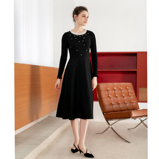 司歌羊毛长袖收腰连衣裙小黑裙礼服冬内搭裙子A901010X 商品图2