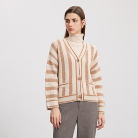 【V领条纹撞色开衫】羊绒世家秋冬新品女士100%山羊绒开衫条纹撞色针织外套