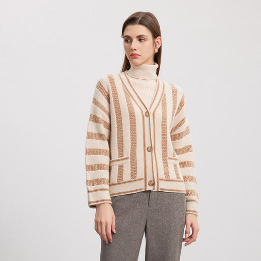 【V领条纹撞色开衫】羊绒世家秋冬新品女士100%山羊绒开衫条纹撞色针织外套 商品图0