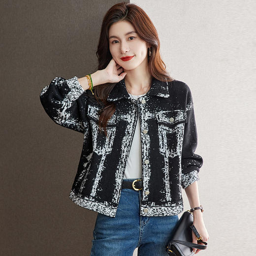 CC-22-177春秋翻领短外套2024新款小个子洋气妈妈宽松拼色加厚毛呢针织大衣 商品图1