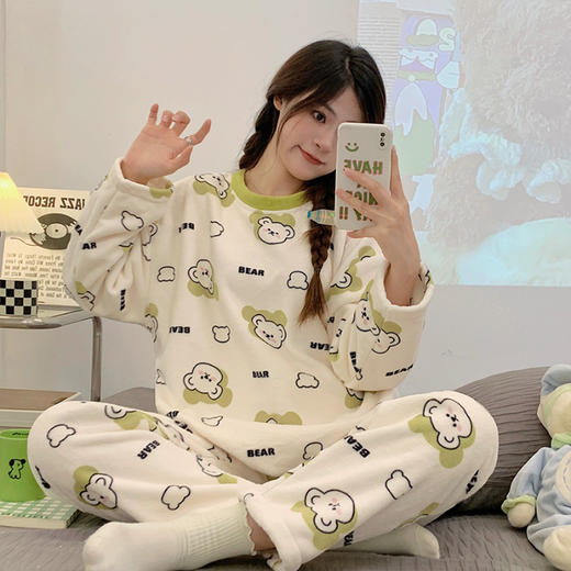 冬季新款【睡衣女法兰绒套装】圆领套头长袖长裤 卡通舒适保暖家居服套装 商品图11