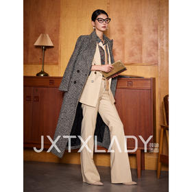 ”摩登年代“复古千鸟格修身大衣复古女人味J204B4622颈袖添香