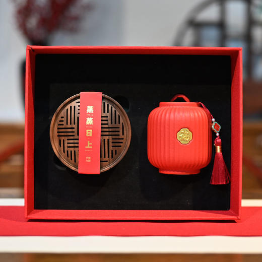 羽诗制造出品 香拢吉运胡桃木蒸笼香炉灯笼福字茶叶罐礼盒套装 商品图4