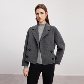 【双排扣人字纹大衣】24年秋冬新品女士短款羊毛大衣时尚毛呢外套