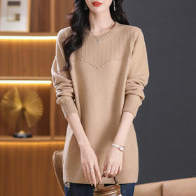 CC-5-6097圆领中长款毛衣女士秋冬季2024新款宽松休闲小个子内搭针织打底衫