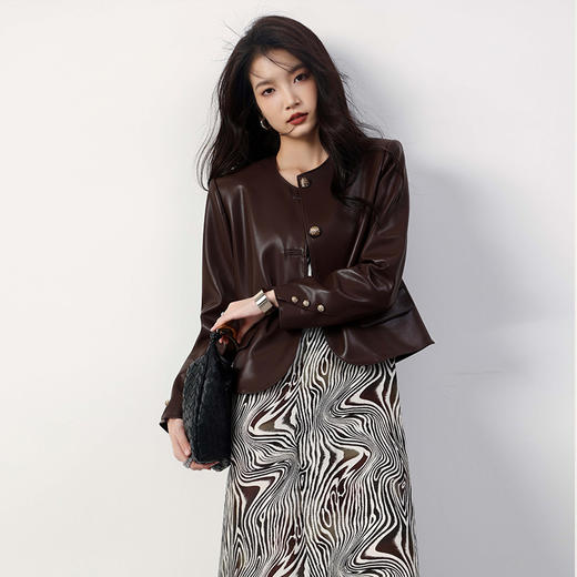 【顺丰包邮】75155 洛诗琳美拉德系复古圆领小香风pu皮衣外套058T 商品图0