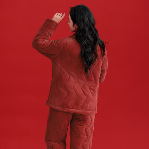 芬腾睡衣三层夹棉女款冬季珊瑚绒法兰绒加厚红色本命年家居服套装 商品图3