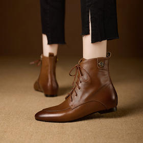 【预售5天】法式内增高马丁靴秋冬复古尖头坡跟及踝靴系带英伦短靴女靴MBJR&A809