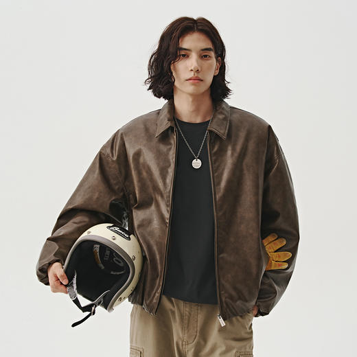 714street美式复古肌理感廓型皮衣棉服冬季新款宽松夹克短外套男 商品图0