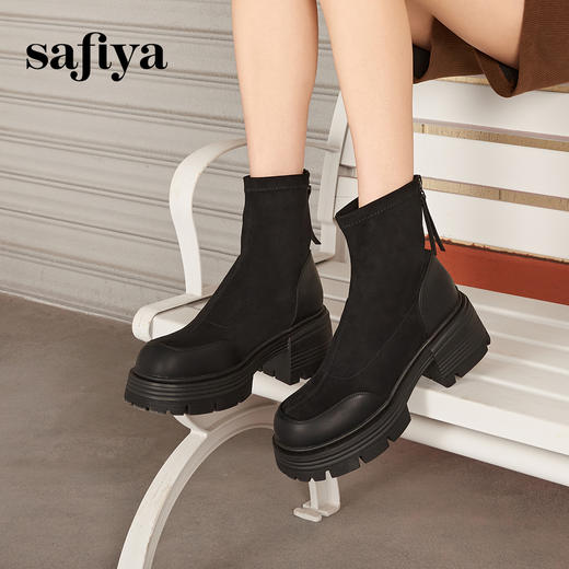 Safiya/索菲娅2024秋冬绒面拼接圆头百搭厚底英伦风瘦瘦弹力靴 SF44116235 商品图6